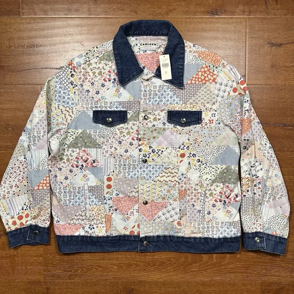 Carleen Quilt Patchwork Trucker Jacket Women XL Floral Motif Denim Retro NWT USA